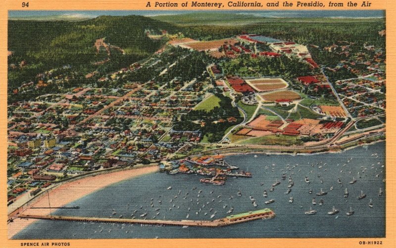 Vintage Postcard 1920's Portion of Monterey & Presidio From Air California CA