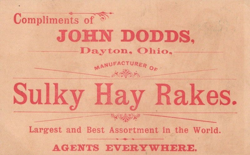 1880s-90s Boy & Girl w/ Dog Cart John Dodds Sulky Hay Rakes Trade Card Dayton OH