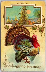 Thanksgiving Greetings Turkey Embossed Back Holiday Corn Vintage Postcard