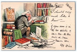 c1905 Old Man In The Library Room Reading Book Bookworm Ernest Nister Postcard 