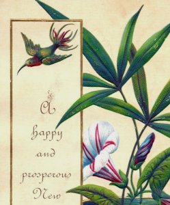 1880s Embossed Victorian New Year's Card Hummingbird Flowers In Bowl #5R