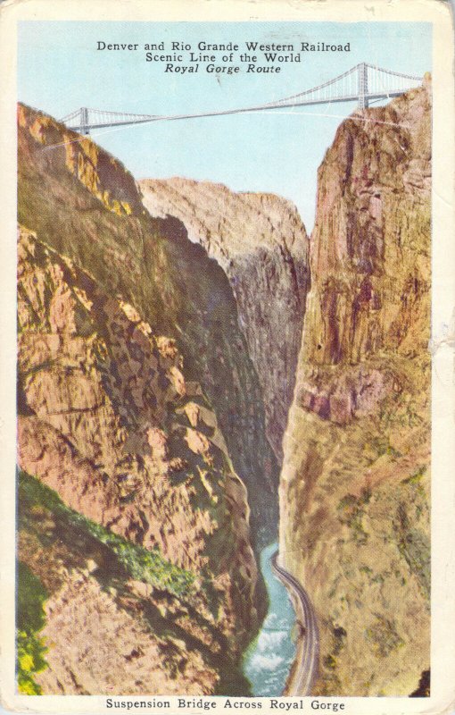 Suspension Bridge Across Royal Gorge Route Arkansas River Colorado 1936 Postcard