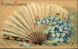 Embossed Birthday Feather Fan Flowers c1910 Postcard