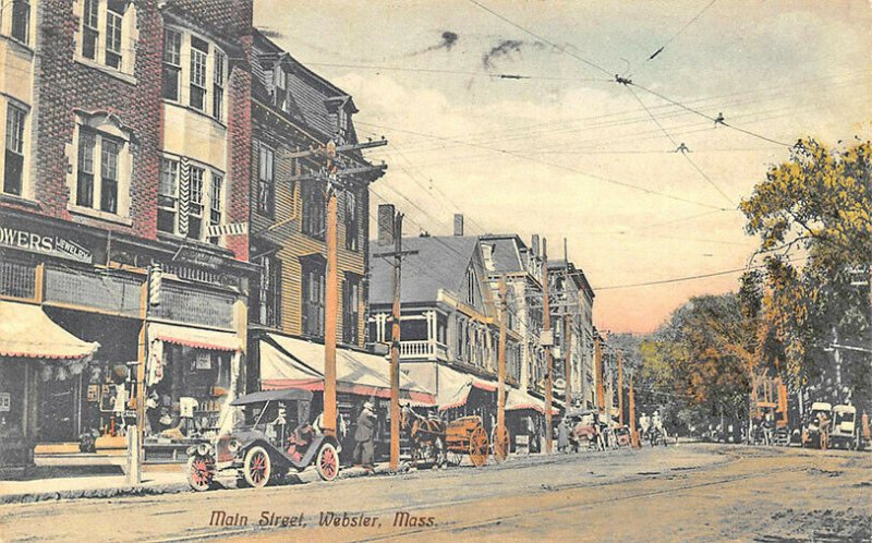 Webster MA Main Street Storefronts Business District Old Car Postcard