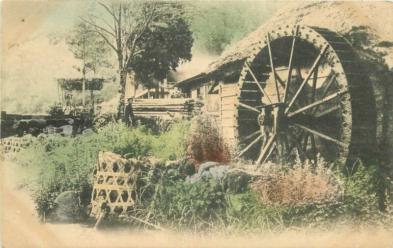 C-1910 Waterwheel Mill Japan hand colored undivided Postcard 11910