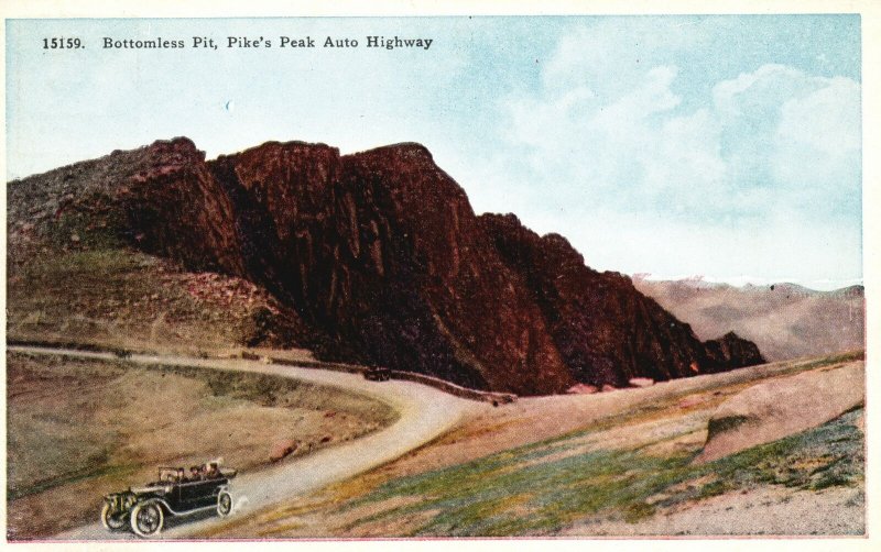 Vintage Postcard 1920's Bottomless Pit Pikes Peak Auto Highway Mountain Roadway 