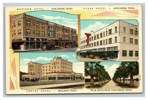 Vintage 1920's Advertising Postcard Antique Cars and Hotels in Harlingen Texas