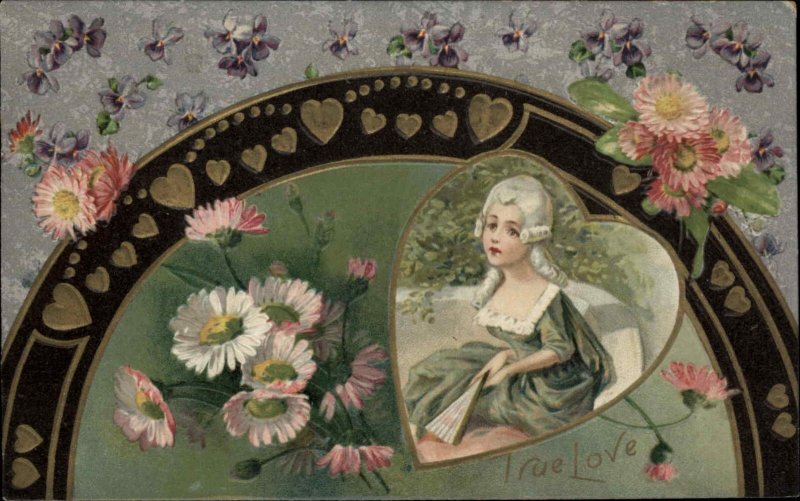 Valentines Young Girl Hearts Flowers Gilt Embossed c1900-20s Vintage Postcard
