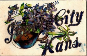 Greetings from Junction City KS Glitter Flowers Vintage Postcard C14