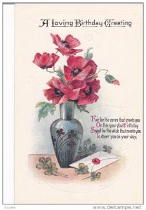 BIRTHDAY; Loving Greeting, Vase of Red Poppies, Sealed envelope, Shamrocks, P...