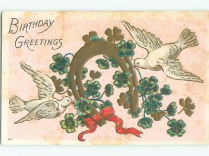 Pre-Linen WHITE DOVE BIRDS AROUND LUCKY HORSESHOE WITH RIBBON k8533