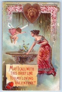 Valentine Postcard Heart Woman Cupid Angel May I Call With This Brief Line