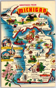 State of Michigan MI, Greetings, The Water Wonderland, Map, Vintage Postcard
