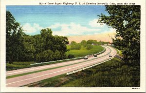 Lane Super Highway Hwy 20 Norwalk OH Ohio Linen Postcard UNP Curteich Unused VTG 