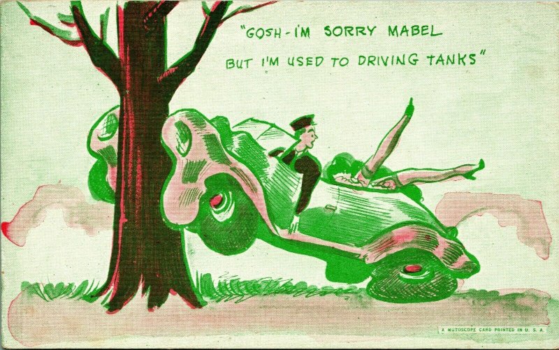 WWII Military Comic Mutoscope Risque Car Crash Sorry Mabel Unused Postcard UNP