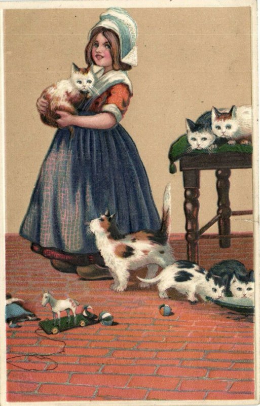 PC CATS, GIRLS WITH CATS AND TOYS, Vintage EMBOSSED Postcard (b38503)