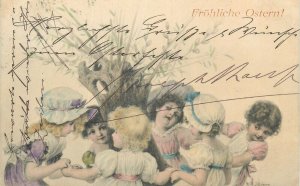 Austrian artist R. Wichera 1902 Easter greetings lovely drawn girls round dance 