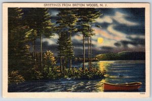 1943 GREETINGS FROM BRETON WOODS NEW JERSEY NJ MOONLIGHT VINTAGE LINEN POSTCARD