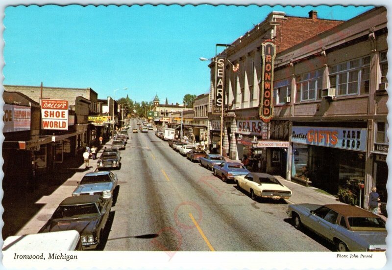c1970s Ironwood, MI Downtown Main St Chrome Photo Oversized Postcard Penrod A152