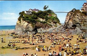 Newquay, England ISLAND & TOWAN BEACH Sunbathers~Home Atop Rocks~Bridge Postcard