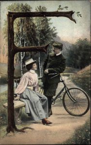 Large Letter F Romance Dapper Man with Bicycle c1910 Vintage Postcard