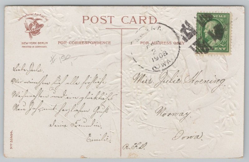 Ellen H Clapsaddle Christmas~Mistletoe Covers Gold Bell~Red Bow~Emb~IAPC~1908 PC 