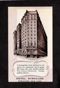 NY Hotel Syracuse New York Postcard