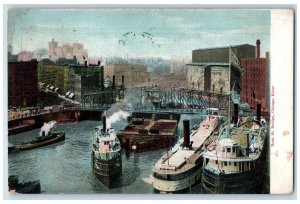 1909 Steamship Rush Street Bridge Chicago River Illinois IL Antique Postcard 