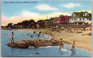 Vtg Madison Connecticut CT East Wharf Beach Homes Bathers 1940s Linen Postcard