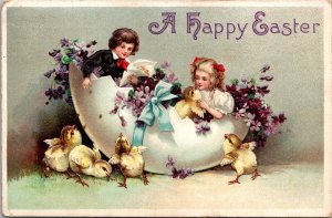 Embossed Easter Postcard Children Sitting in Broken Eggshell Flowers Chicks