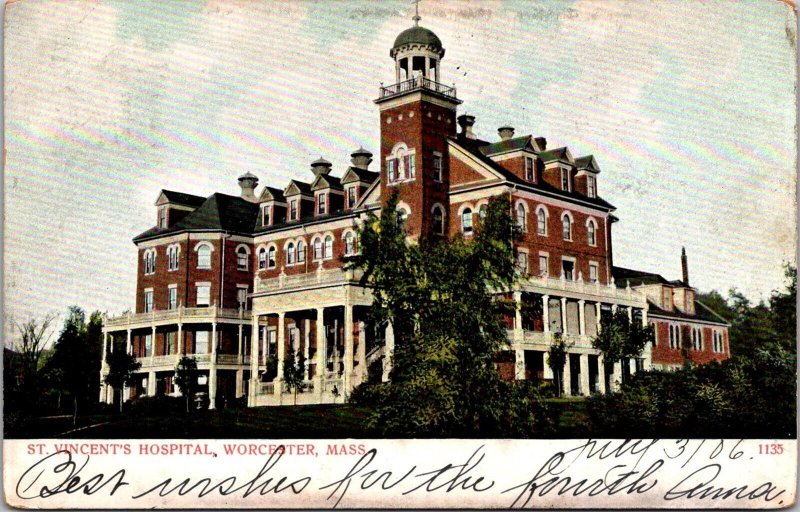 St Vincent's Hospital Worcester MA Undivided Back c1906 Vintage Postcard O80