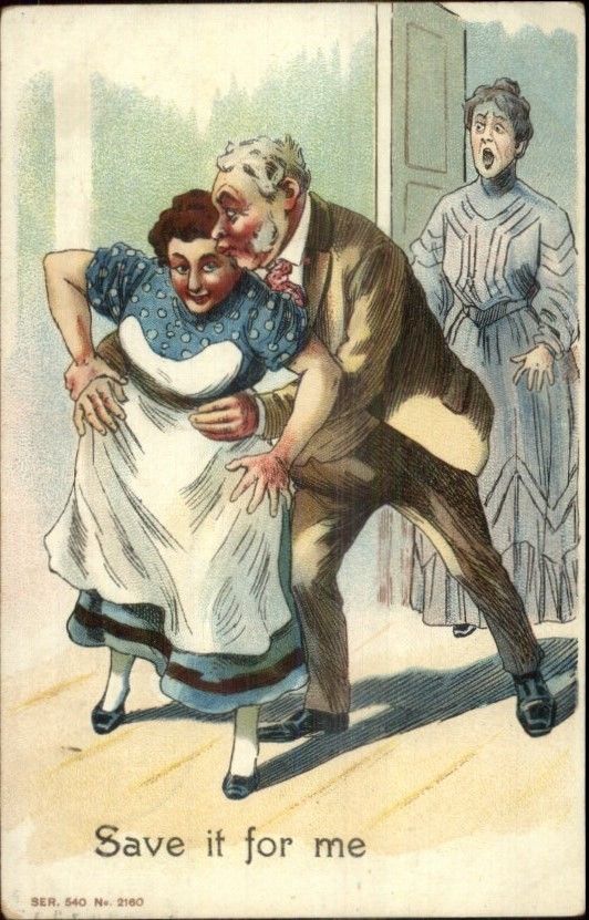 Infidelity - Wife Catches Husband Cheating w/ the Maid c1910 Postcard Topics - Cartoons and Comics picture