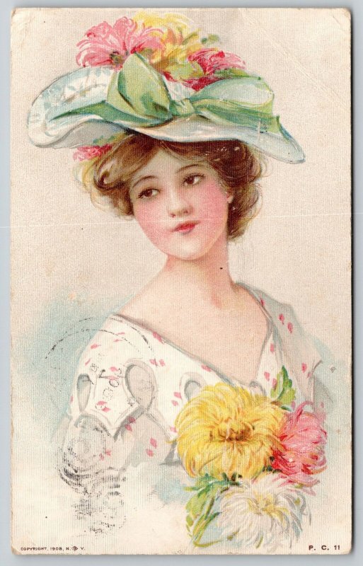 Maud Humphrey Bogart Artist~Lovely Lady~Flower Hat~Pastel~c1910 Postcard