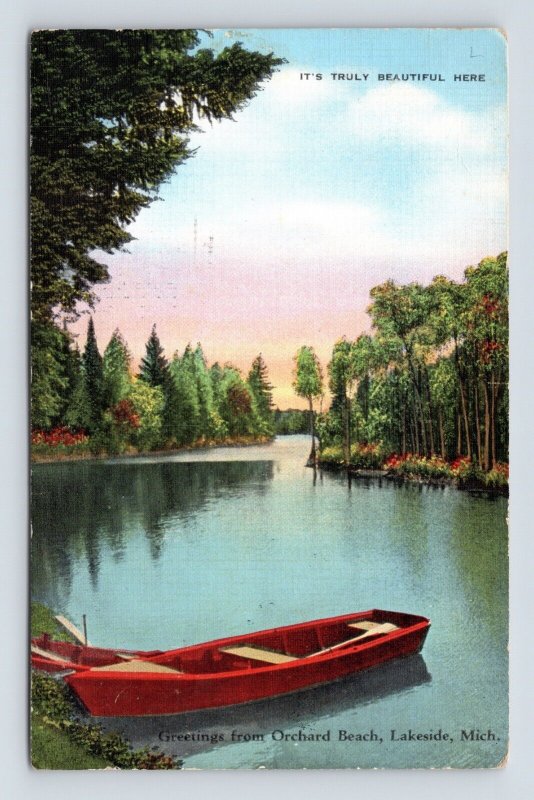 Canoe at Shore Greetings From Orchard Beach Lakeside Michigan Linen Postcard P5