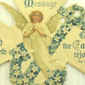 1870's-80's Easter Embossed Die-Cut Cross Beautiful Angel Forget-Me-Nots 7J