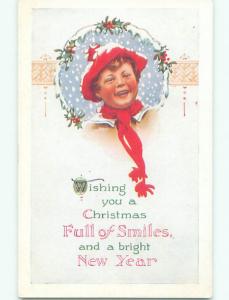 Pre-Linen christmas HAPPY CHILD WEARING RED SCARF AND HAT k1129