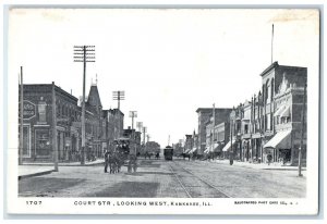 c1920's Court Street Looking West Carriage Trolley Kankakee Illinois IL Postcard