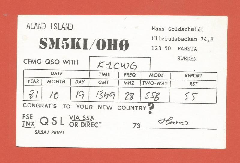 QSL AMATEUR RADIO CARD – ALAND ISLANDS, FINLAND – 1981