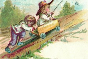 Lot of 4 1880's Lovely Kids Playing New Years Carts Victorian Trade Cards P59