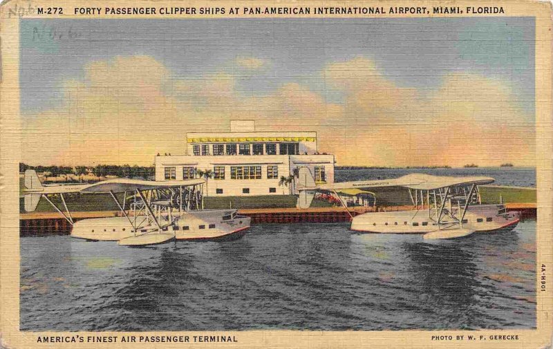 Pan Am Clipper Ship Flying Boat Sea Planes Miami Airport Florida linen postcard 