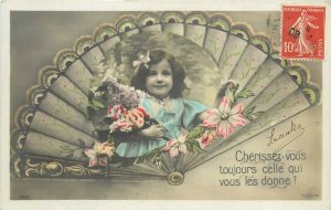 French Hand-colored RPPC 483; Fan, Little Girl w/ Flowers, do still cherish her?