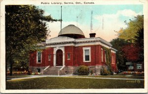 Postcard ON Sarnia Public Library Flower Beds 1924 M66