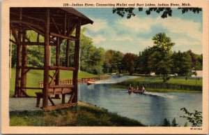 Indian River Connecting Mullet and Burt Lakes, Indian River MI Vtg Postcard T69