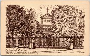 New Orleans drawing of St. Louis Cathedral garden by Corinna Morgiana Luria