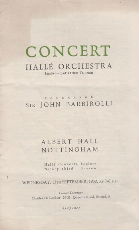 Albert Hall Nottingham John Barbirolli Cello 1950 Classical Theatre Programme