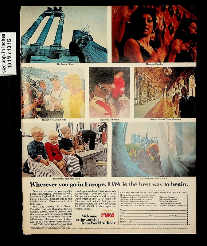 1967 TWA Transworld Airlines Europe Vintage Print Ad 16904