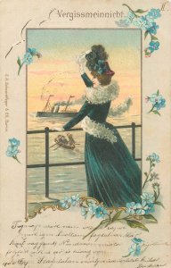 Woman farewell sailing ship forget-me-not myosotis flowers greetings 1900
