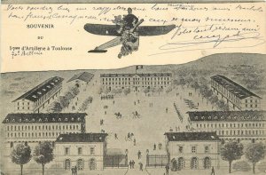 c1916 Postcard; Souvenir 57th Artillery School Toulouse France Plane over Plaza