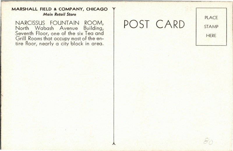 Narcissus Fountain Room, Marshall Field and Co Chicago IL Vtg Postcard U36