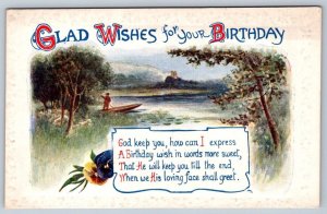 Glad Wishes For Your Birthday, Rhyme, Pansies, Rural Scene, Embossed Postcard